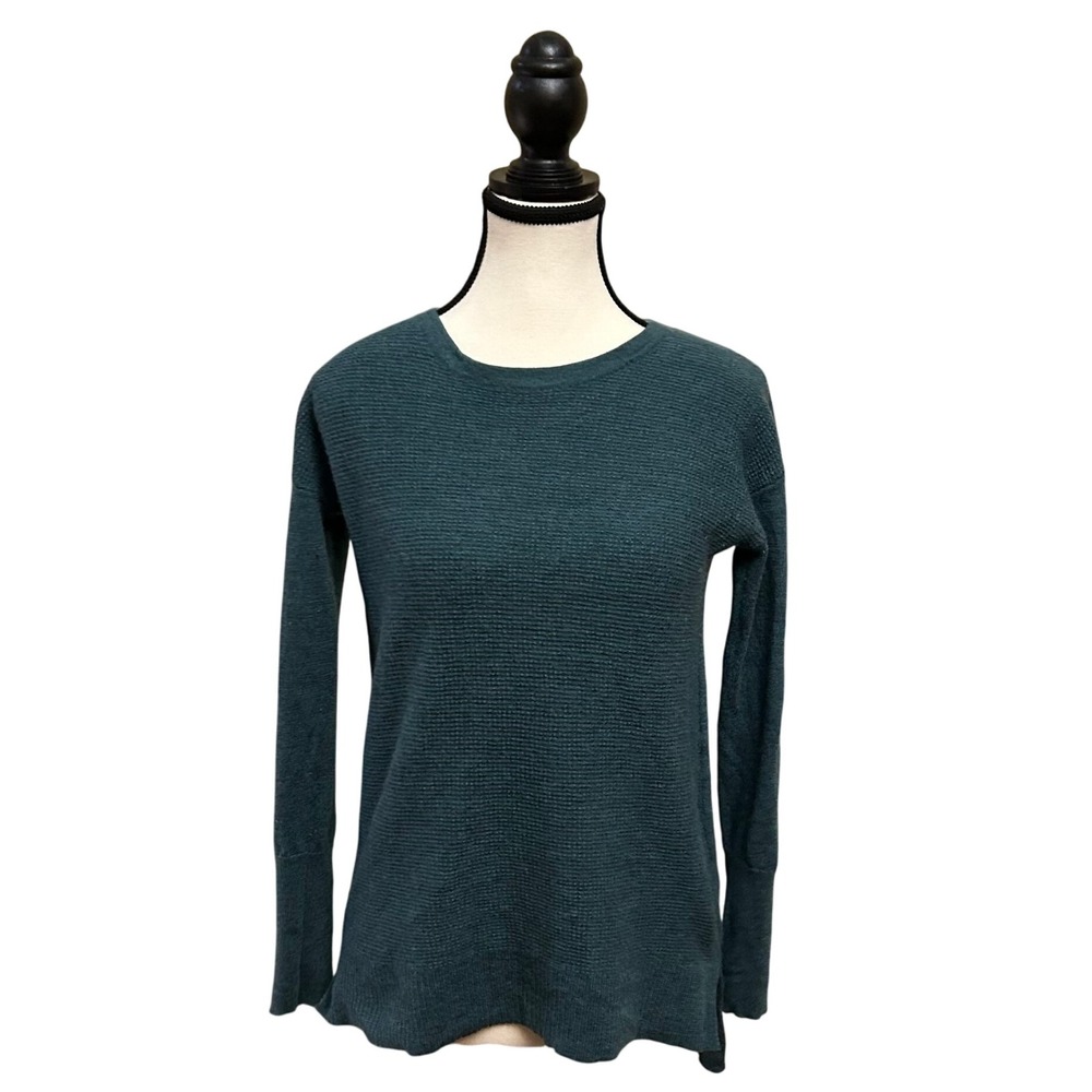 Tahari Teal Waffle Knit Merino Wool Crew Neck Long Sleeve Sweater Top Women ‎ S